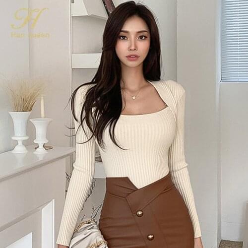 H Han Queen Autumn Winter Basic Knitted Sweater Womens Slim Casual Female Pullovers Korean Lady Jumpers Bottoming Pullover New