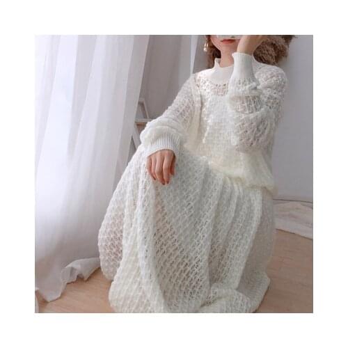 Winter Sweater Womens Dress Hollow Skirt Suit V-Neck Sexy Dress Bow Tie Slit Long Skirts Fashion Elegant Woman Clothing 2020