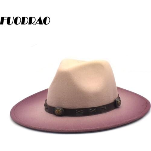 FUODRAO Women Fedora Hat Large Brim Autumn Winter Wool Panama Gradient Color Bowler Hat British Vintage Jazz Cap D9