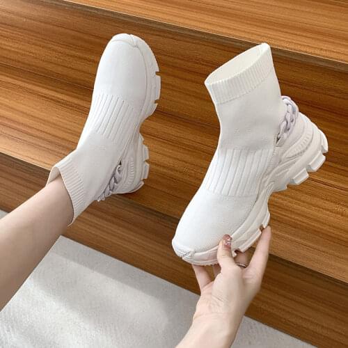 Women Boots Slip-on Chain Solid Knitted Platform Sock Boots Ladies Comfortable Breathable Outdoor Ankle Boot Female Footwear New