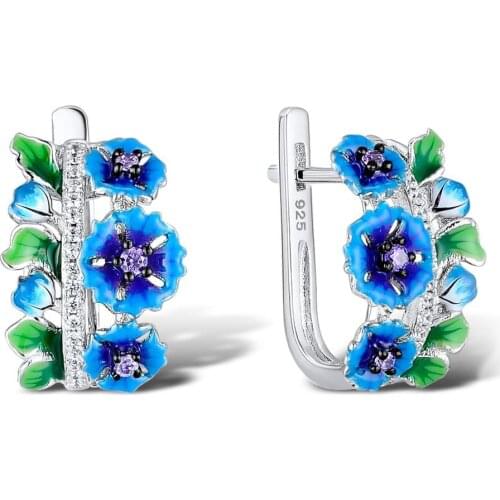 New Trendy Elegant Blue Enamel Blooming Flower Dangle Earrings for Women Cubic Zirconia Bridal Wedding Earrings Fashion Jewelry