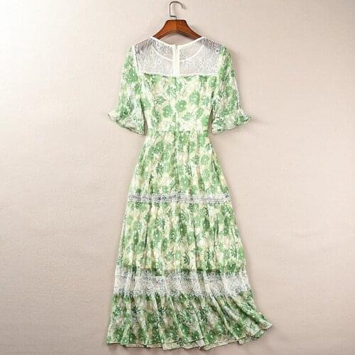 Women Runway Summer Fashion High Quality Designer Flare Sleeve Green Yellow Floral Party Long Holiday Dress