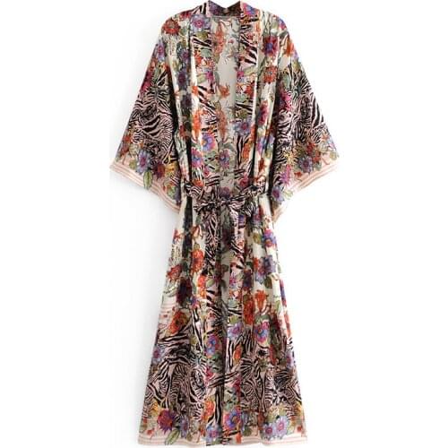 AYUALIN Cotton Rayon Floral Print Kimono Cardigan Long Blouses Shirts Women Tops 2021 Vintage Summer Boho Beach Cover up Robe