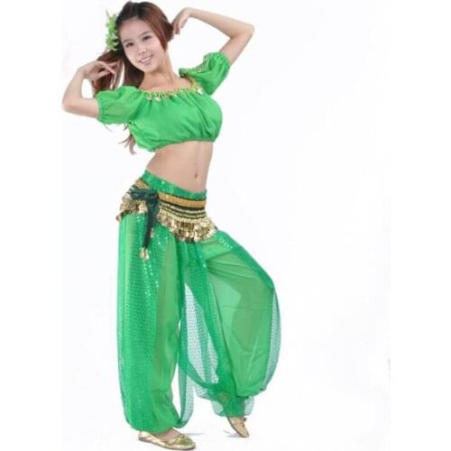 Free-shipping Indian Bollywood dancing Costumes with sequins Tops+Pants 2pcs sexy belly dance Suits sequins dress Clothes