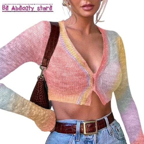 Sexy Cropped Cardigans Women V-Neck Long Sleeve Autumn Button Up Y2k Knitted Sweater Vintage Pullovers Tops