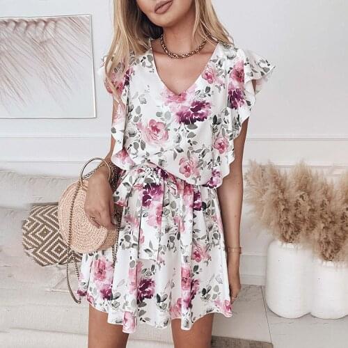 Sexy Summer Mini Short Sleeve Dresses For Women 2021 Casual V Neck Lotus Sleeve Lace Up Floral Boho Beach Plus Size Dress Femme