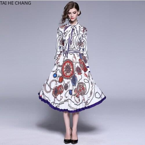 2019 Women Long Sleeve Dress Fashion Retro Spring Summer Elegant Bodycon Vintage Party Runway Print Bow Midi Pleated Dresses