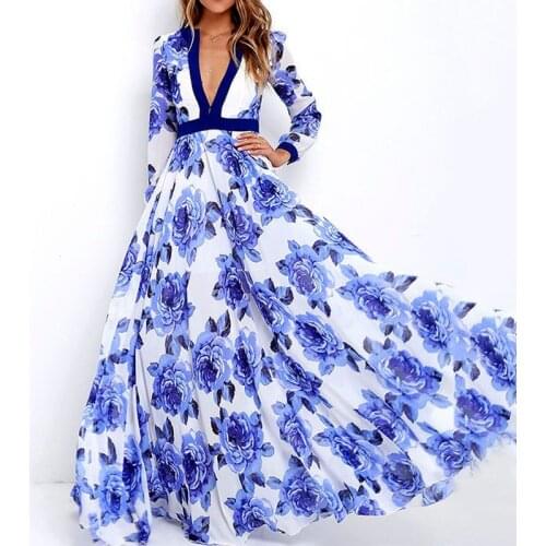 U-SWEAR New Product V-neck Print Dress Ladies Long Skirt Blue Small Floral Temperament Commuter Beach Skirt Evening Dress