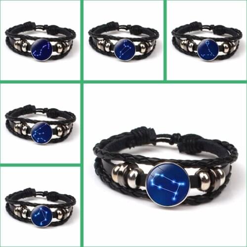 Fashion Libra Taurus Pattern Glass Dome Bracelet Vintage Punk 12 Constellation Black Woven Leather Bracelet Mens Womens Gifts