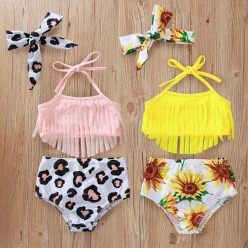 Kids Baby Girls Swimwear Tassel Sunflower Print Summer Fashion Swimsuit Bathing Suit Beachwear Swimming Bikini Outfits 2021 New