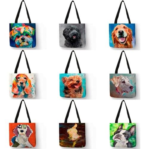 Exclusive Oil Painting Dog Print Shopping Bags for Groceries Papillon Pug Retriever Print Women Handbag Shoulder Large Capacity