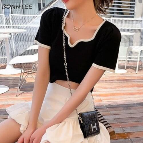 T-Shirts Women Knitted Patchwork Leisure Sexy Ladies Tees Fashion Chic Crop Tops Streetwear Skinny Basic Sweet Girls All-match