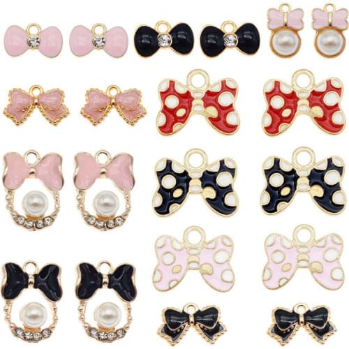 Julie Wang 10PCS Enamel Bowknot Charms Mixed Pink Red Black Bow Tie Zinc Alloy Gold Tone Pendant Jewelry Making Accessory