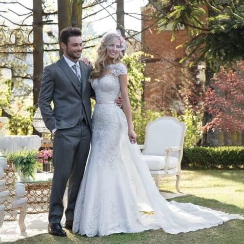 Short Sleeves Mermaid Wedding Dress with Detachable Skirt Sexy Applique Lace Bridal Dress vestido de novia con mangas