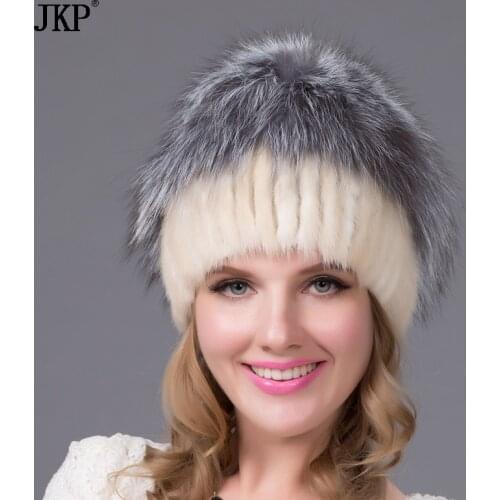 2021 Hot Sale Fashion Winter Warm Women Knitting Caps Mink hats Vertical weaving with FOX Fur On The Top DHY-36