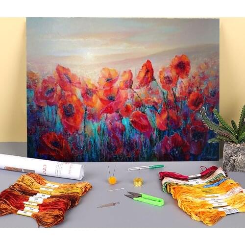 Evening Poppies Printed Canvas 11CT Cross Stitch Kit Embroidery DMC Threads Handicraft Craft Handmade Knitting Gift Decor