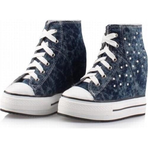 New fashion denim canvas high top lace up wedge heels height increasing casual shoes rhinestone thick bottom high platform boots