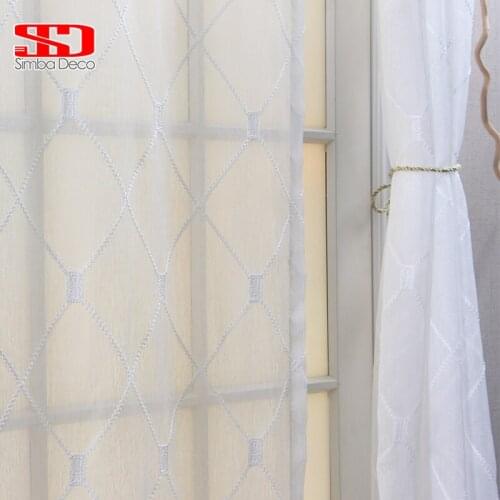 New Solid White Tulle Curtains For Living Bed Room Geometric Diamond Fabric Drapes Simple Decor Window Treatments Single Panel