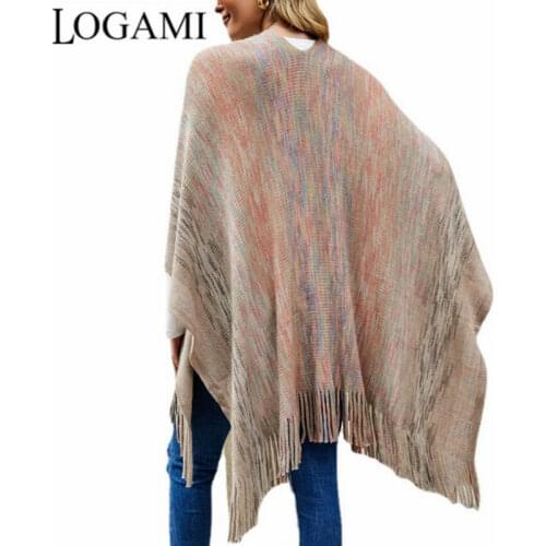LOGAMI Striped Cloak Fringed Knitted Cardigan Shawl Women Capes & Ponchos Autumn Spring