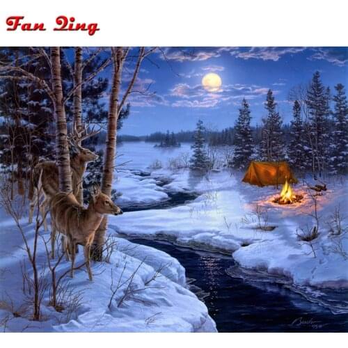 Full Square/Round 5D DIY Diamond Painting Snow Scene Moon Bonfire Elk 3D Embroidery Pattern Cross Stitch Kit Mosaic Home Decor