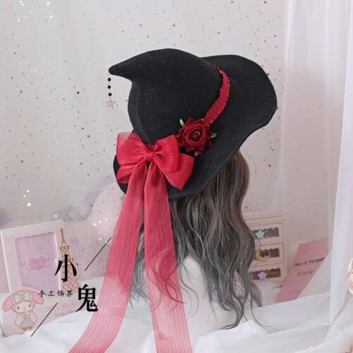 Lolita Halloween Retro Witch Hat Masquerade Rose Big Bow Wizard Hat Gothic Magical Girl Hat Cosplay Accessories Party Decor