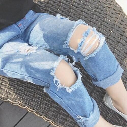 Girls Boy Blue Ripped Jeans Spring Summer New Style Korean Childrens Baby Spring and Autumn Hole Pants Loose Casual Trousers