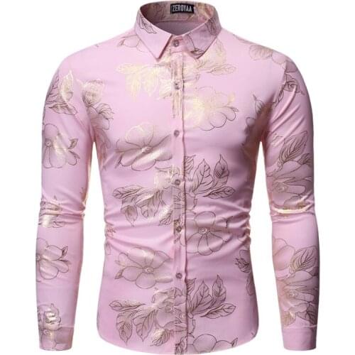 Stylish Bronzing Long Sleeve Shirt Men 2021 Flowers Print Shirt Business Male Casual Slim Fit Shirt Camisa Social Masculina XL