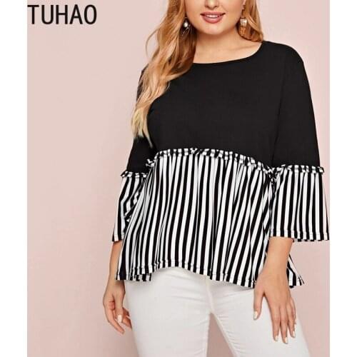 TUHAO Plus Size 8XL 7XL 6XL Striped Wood Loose Top Flared Sleeve Casual Shirt Mother Mom Blouses Large Size 3XL 4XL 5XL WM54