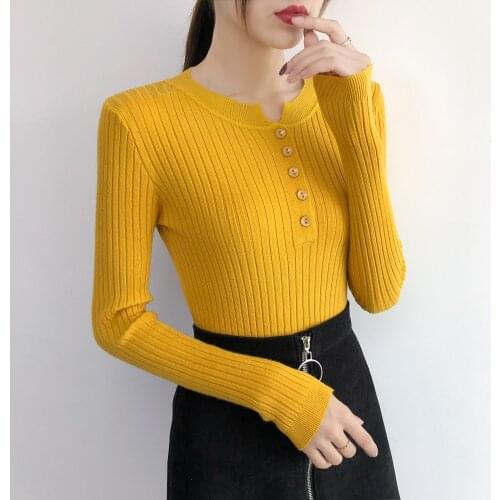 Harteen Spring Autumn All Match Knit Sweater Slim Thin Sweater Button Femme Top Casual Basic Fashionable Long Sleeves Women