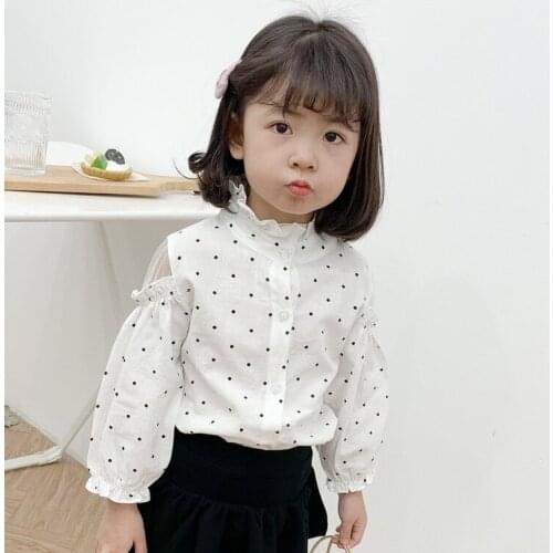 2020 Spring New Korean Girl Shirt Baby Long Sleeve Cotton Mandarin Collar Cardigan Tee Shirt Children Round Polka Dot Shirt 2-7Y