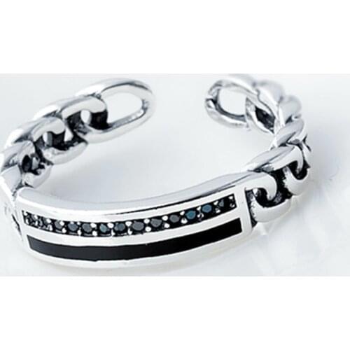 Sole Memory Retro Thai Silver Geometric Chain Black Drip Glaze 925 Sterling Silver Female Resizable Opening Rings SRI511