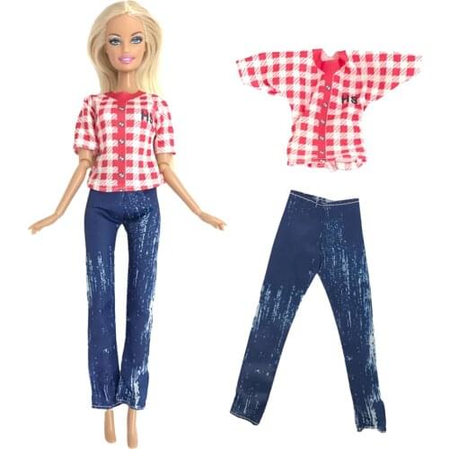 1 Set Fashionable Outfits For Summer: Red Plaid Short-sleeved Top + Denim Trousers For Barbie Doll Girl Accessories 292Q