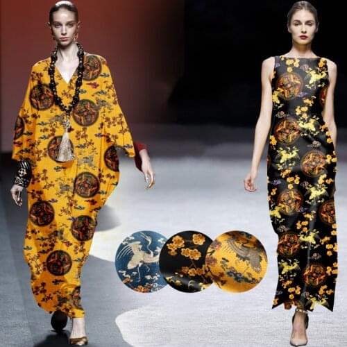 118CM Wide 19MM 93% Silk & 7% Spandex Chinese Traditional Print Stretch Black Yellow Silk Satin Fabric for Dress Cheongsam D1027