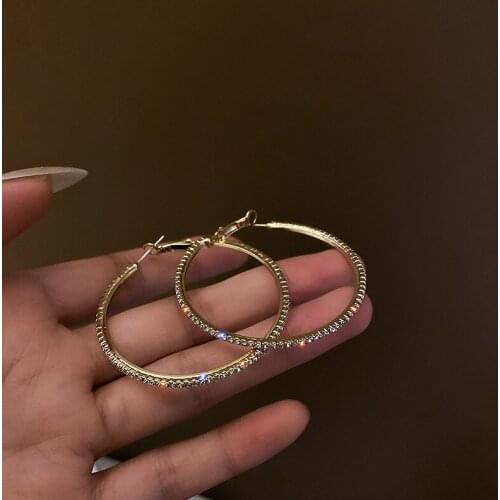 2021 Trendy Big Circle Hoop Earrings for Women Shining Rhinestone Round Earrings Korean Fashion Jewelry Anniversary Gift