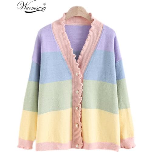2021 Mori Girl Spring Autumn Women Sweater V Neck Striped Outerwear Cute Kawaii Loose Knitted Rainbow Cardigan C-303
