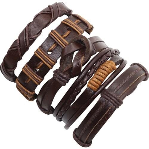 6pcs/set Combination Wrap Fashion Alloy Vintage Bangle Genuine Leather Bracelets Men Women Jewelry Accessories