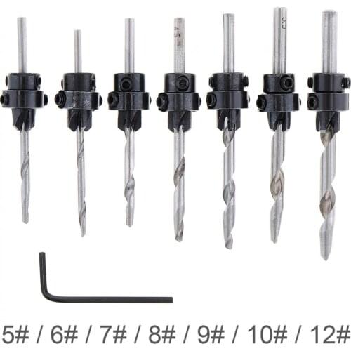 7pcs/lot HSS Wood Screw Drilling Opener Chamfer Cone Hole Drill Reaming Drill with Small Wrench for Hard Wood Drilling