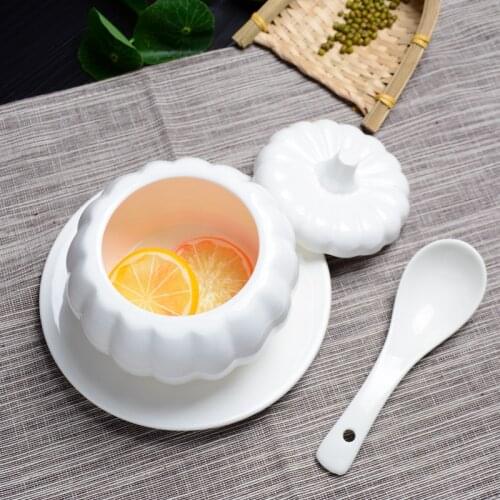 4.5" white ceramic coffee cup pumpkin soup with lid with spoon milk cup water stew stewed birds nest tonic soup steamed egg bow
