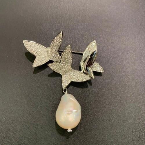 Baroque natural fresh water pearl brooch cubic zircon butterfly fashion women jewelry 3 butterflies romantic free shipping