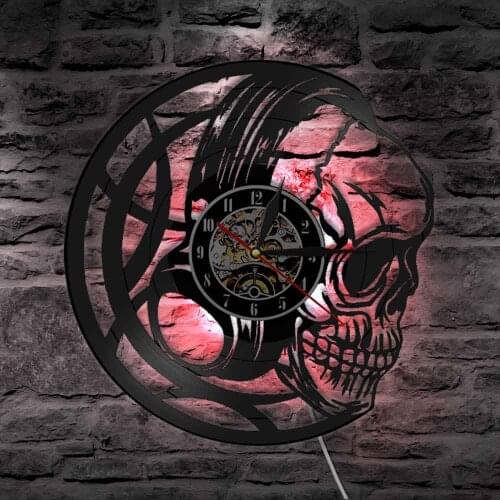 Skull Head Clock Evil Skull Headphones Vinyl Record Wall Clock Black Watch Vanitas Dark Art Decor Quartz Wall Clock Gift for Men