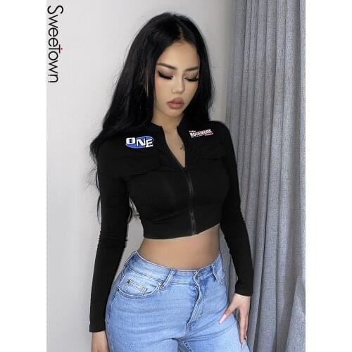 Sweetown Black Moto & Biker Cropped Jackets Coats Streetwear Zipper Stand Collar Print Long Sleeve Jacket Women Autumn Outfits