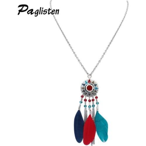 2017 Fashion Retro Circle Drop Oil Sweater Chain Carved Round Fringe Colorful Feather Long Necklace and Pendant