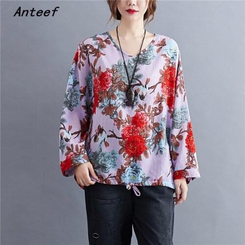 Korean cotton linen plus size oversized vintage floral casual loose tee t shirt women t-shirt ladies tshirt clothes 2021tops