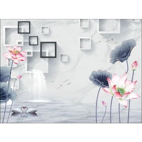 Custom photo murals wallpaper for walls 3 d New Chinese 3D waterfall lotus swan marble background wall papers home decor
