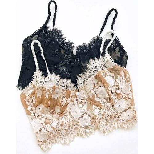 Lace Sexy Lingerie French Bra Women Underwear Mesh Cutout Flower Embroidery Bralette Comfort Push up Eyelash Female Underwear