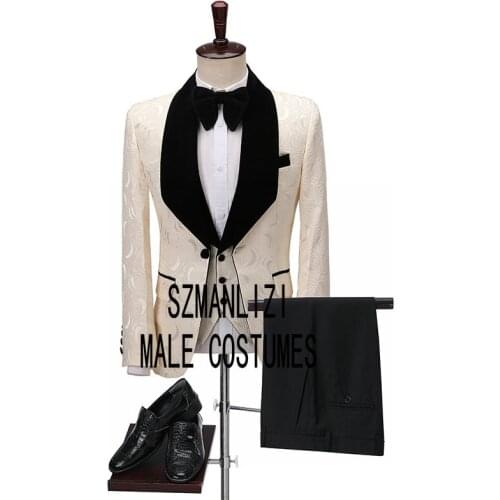 Fashion Ivory Paisley Floral Men Suit 2020 Terno Slim Fit Groom Tuxedo Bespoke Mens Suit With Black Pants Wedding Suits For men