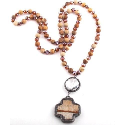 MOODPC Fashion Bohemian Tribal Jewelry Natural Stones and Glass Long Knotted Stone Cross Pendant Necklaces Women Necklace