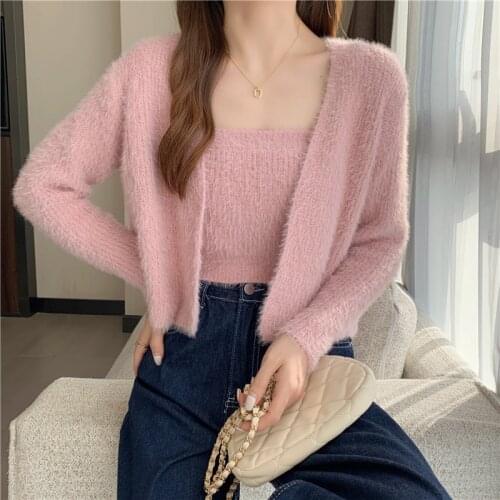 Soft Two-Piece Mohair Sweaters Cardigans Women V-Neck Knitted Full Sleeve Cardigan Lady Open Stitch Sweater Crop Tops