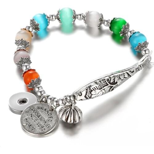 New elegant charming Cat eye stone beads snap bracelets Elastic fit 18mm snap buttons DIY snap jewelry wholesale AB0071