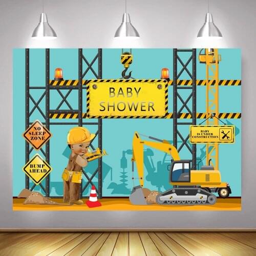 Under Construction Theme Baby Shower Party Backdrop for Photography Newborn Boy Architect Photo Background Yellow Excavator